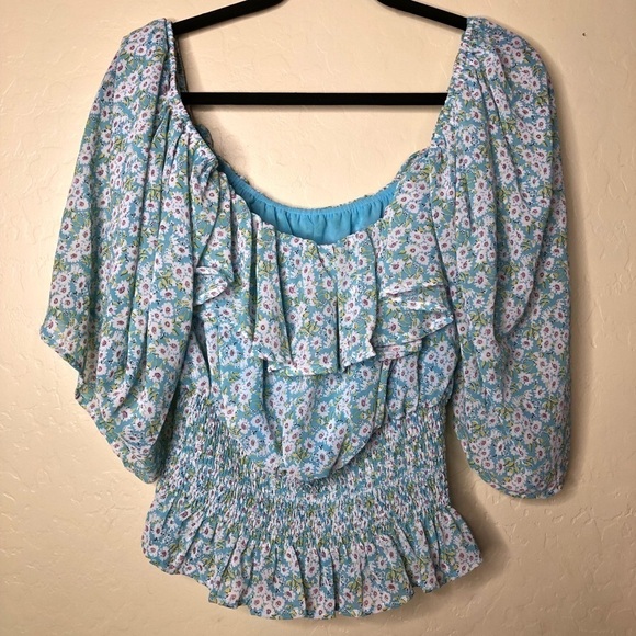 Blue Floral Print Off the Shoulders Boho Draped Sleeve Blouse Top Size Small S - Picture 8 of 9